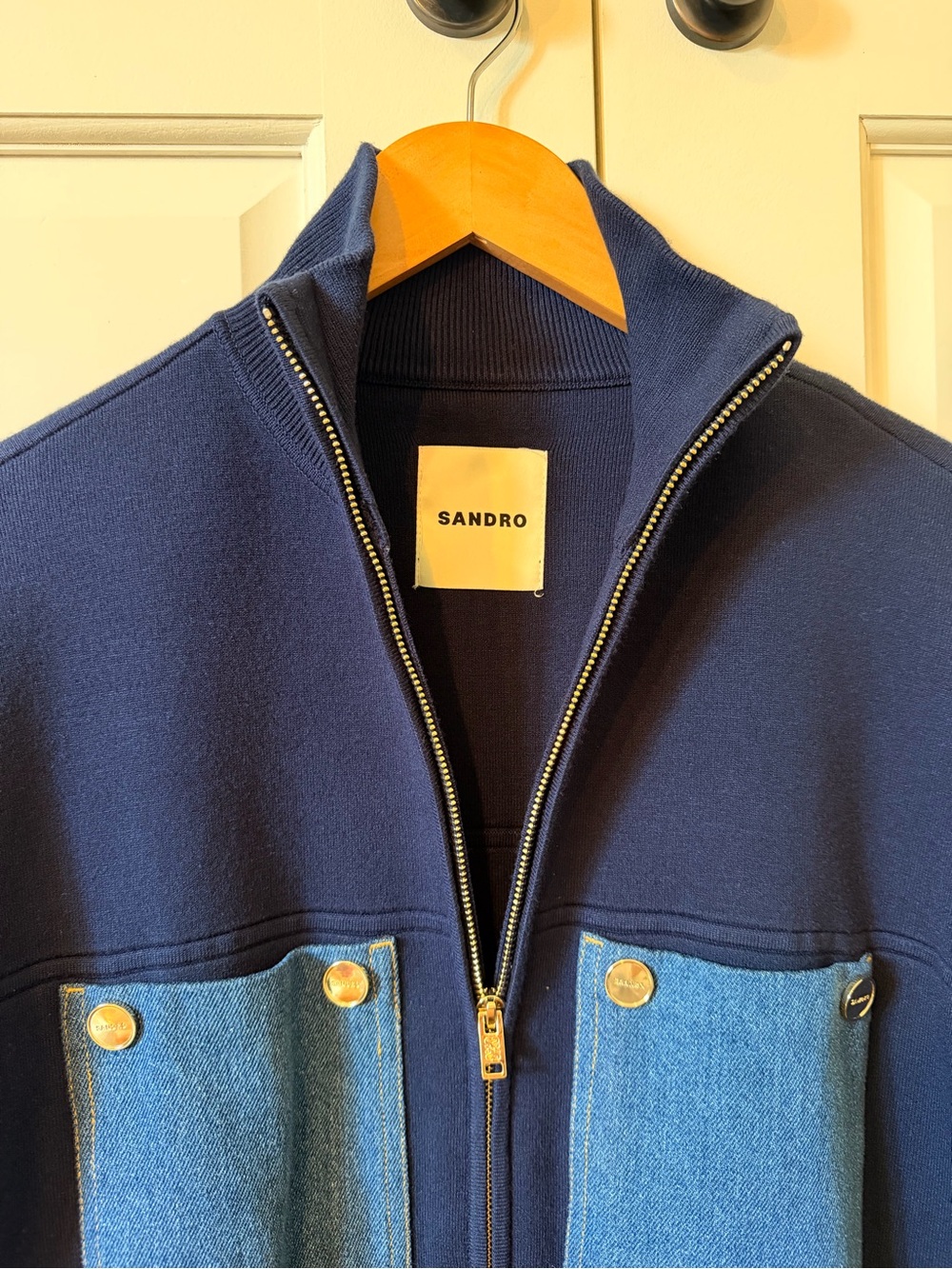 Sandro Paris Denim Pocket Bomber Jacket | Navy | S - Picture 6 of 7